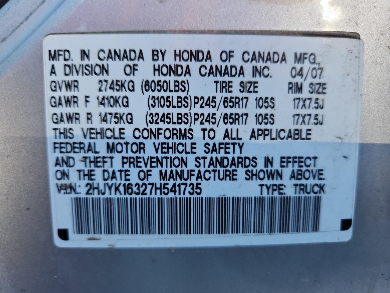 2007 Honda Ridgeline Rtx VIN: 2HJYK16327H541735 Lot: 82582455