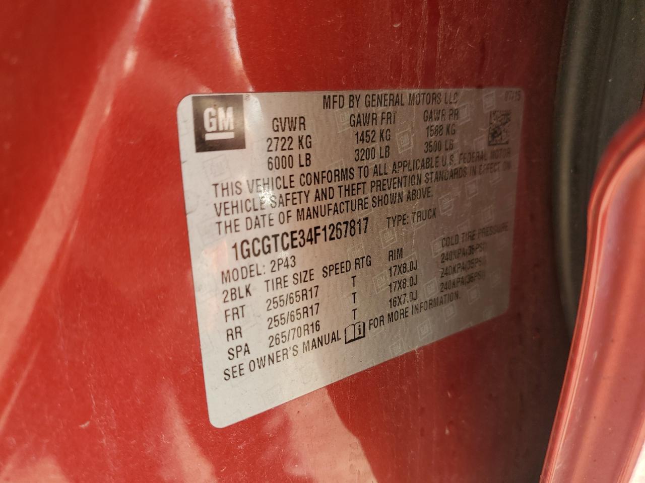 2015 Chevrolet Colorado Z71 VIN: 1GCGTCE34F1267817 Lot: 90117205