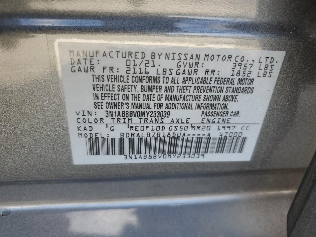 2021 Nissan Sentra S VIN: 3N1AB8BV0MY233039 Lot: 82647985