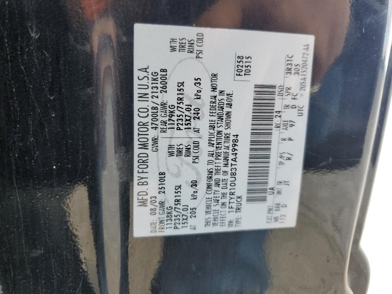 2003 Ford Ranger VIN: 1FTYR10U83TA49984 Lot: 82400175