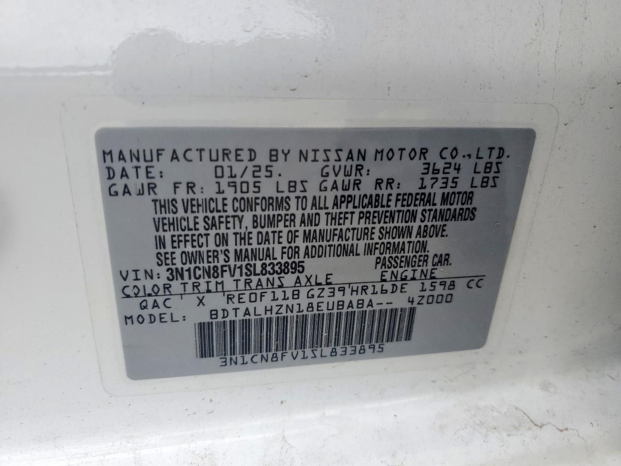 2025 Nissan Versa Sr VIN: 3N1CN8FV1SL833895 Lot: 86098515