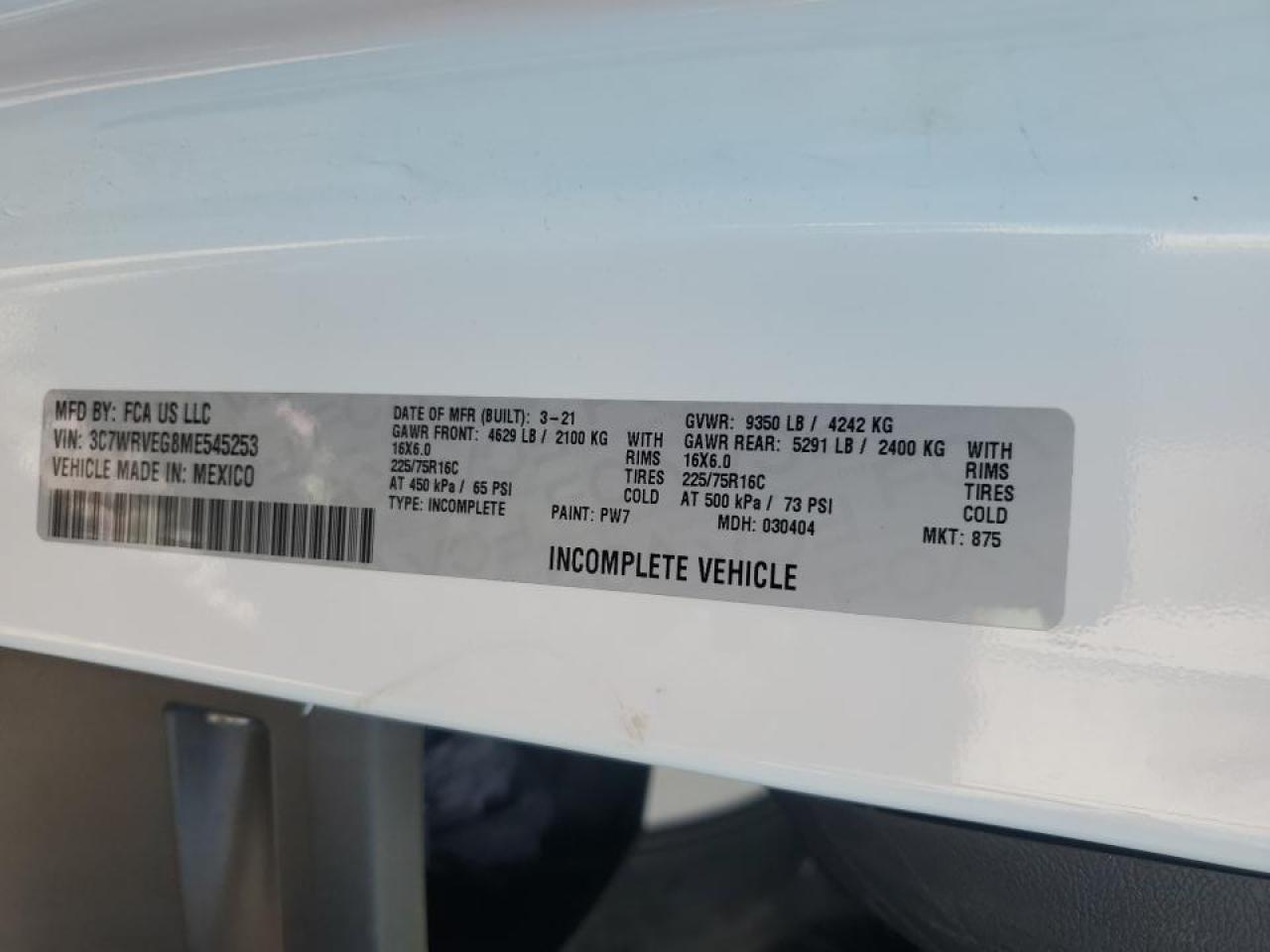 2021 Ram Promaster Cab & Chas VIN: 3C7WRVEG8ME545253 Lot: 90347205