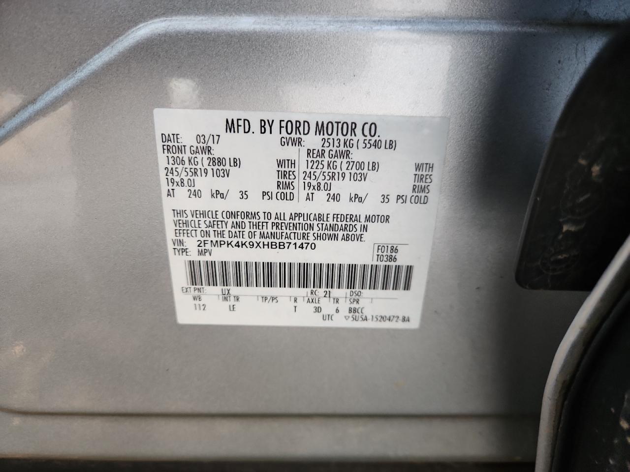 2017 Ford Edge Titanium VIN: 2FMPK4K9XHBB71470 Lot: 90508975