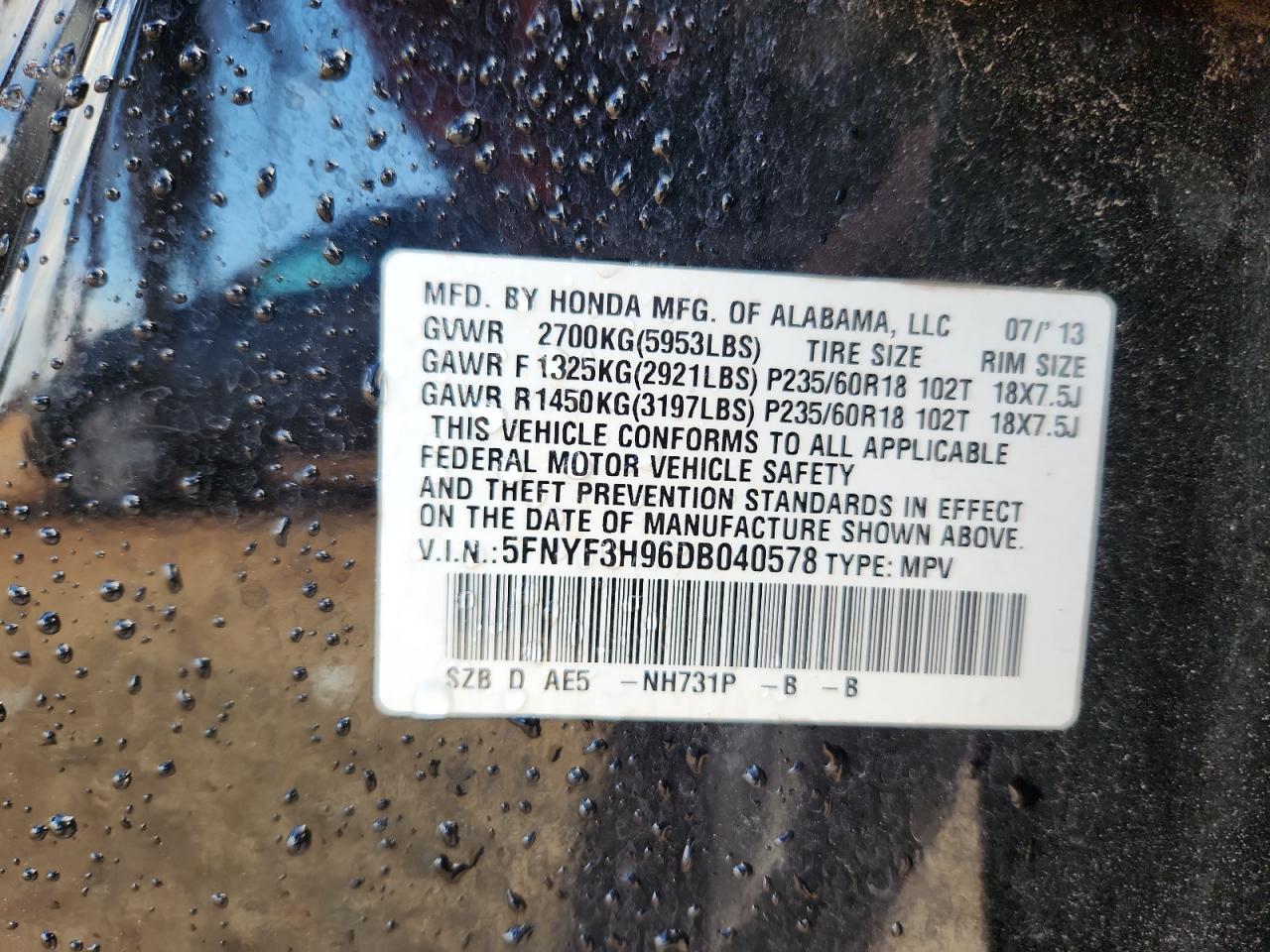 2013 Honda Pilot Touring VIN: 5FNYF3H96DB040578 Lot: 85083605