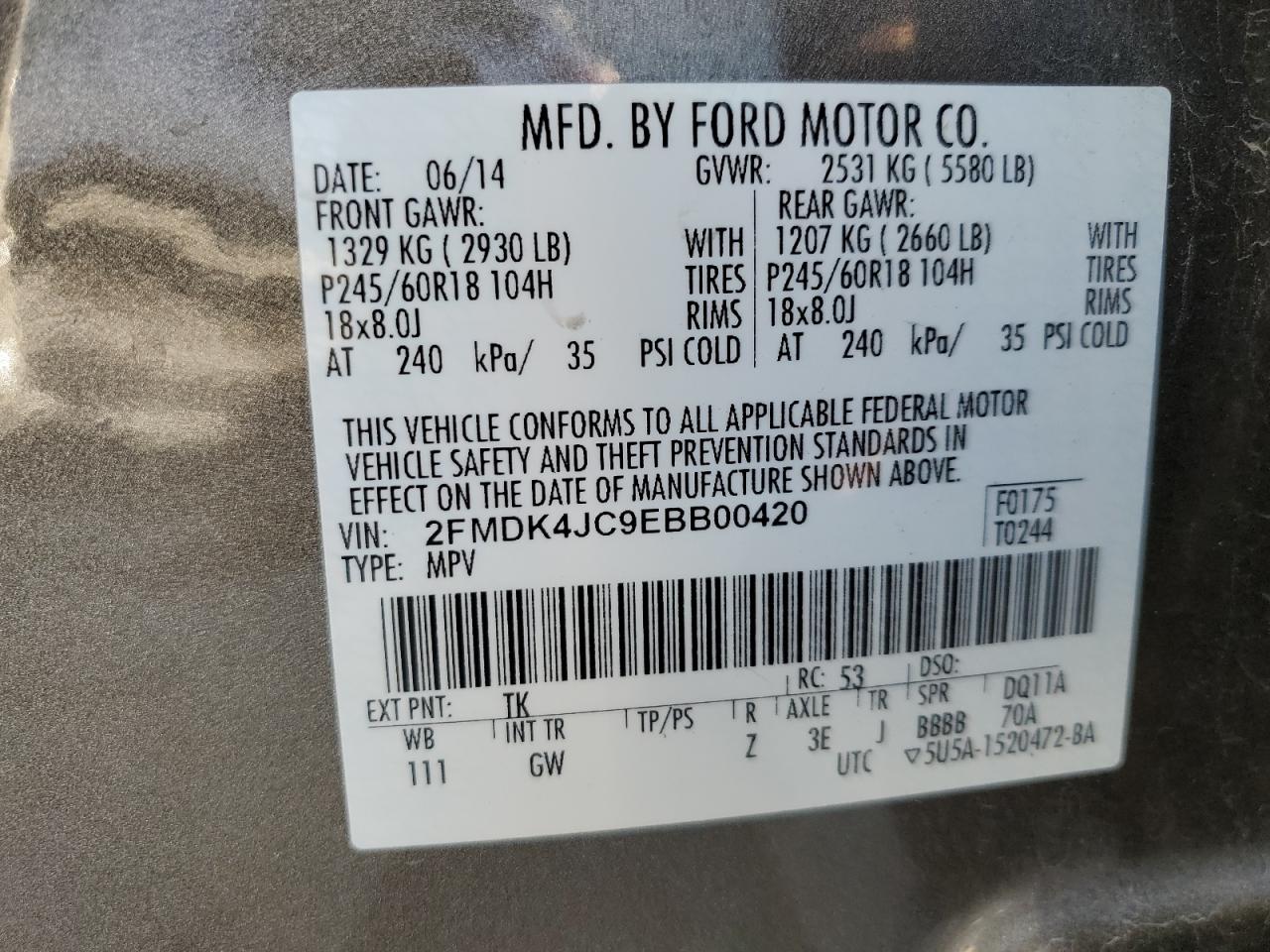 2014 Ford Edge Sel VIN: 2FMDK4JC9EBB00420 Lot: 85506515