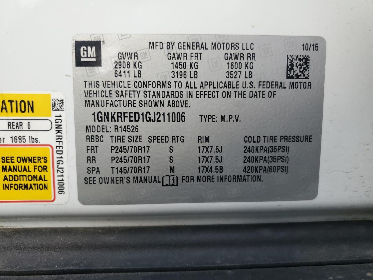 2016 Chevrolet Traverse Ls VIN: 1GNKRFED1GJ211006 Lot: 82262755