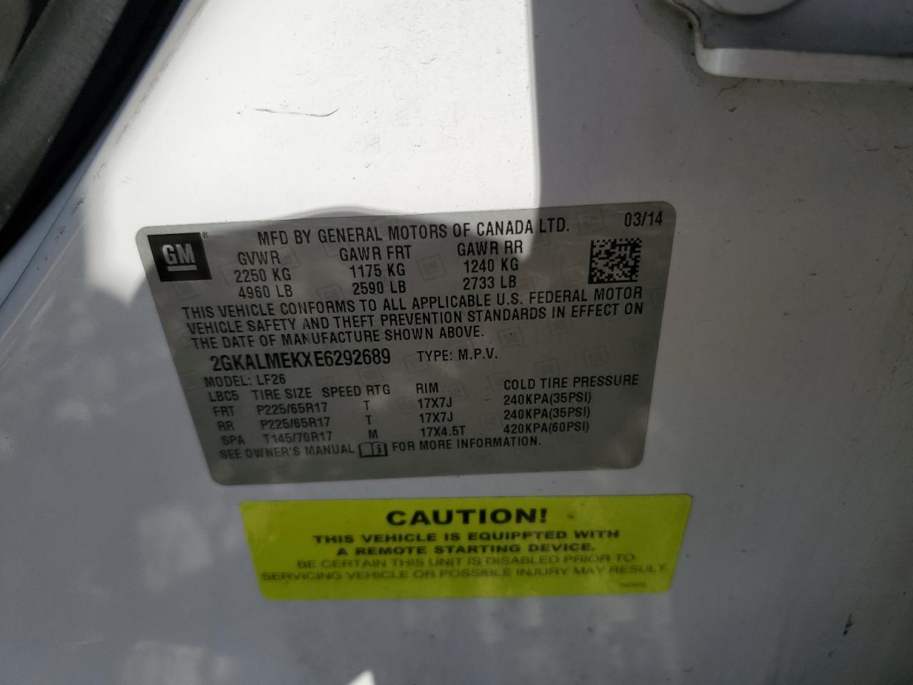 2014 GMC Terrain Sle VIN: 2GKALMEKXE6292689 Lot: 89738315