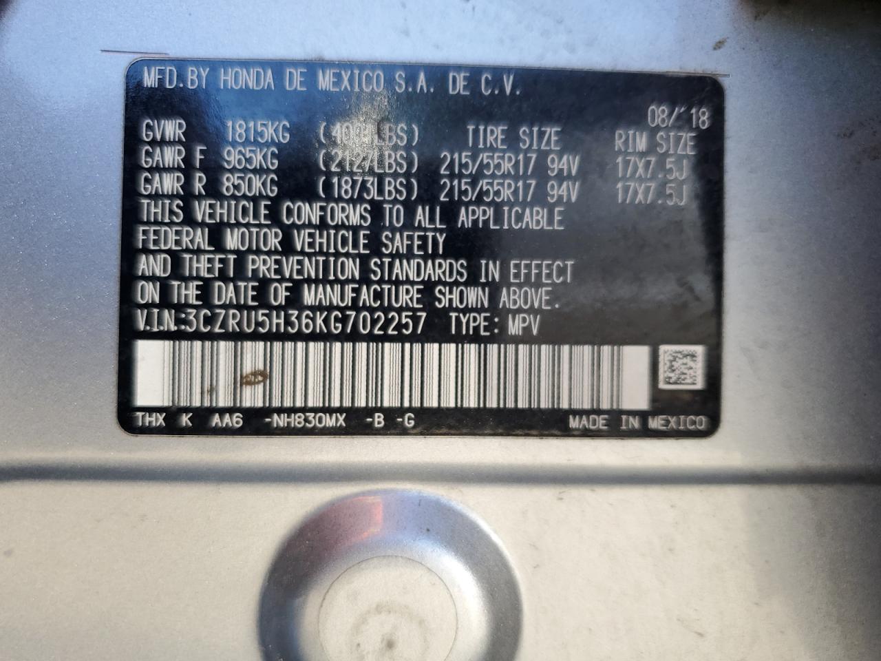 2019 Honda Hr-V Lx VIN: 3CZRU5H36KG702257 Lot: 86327315