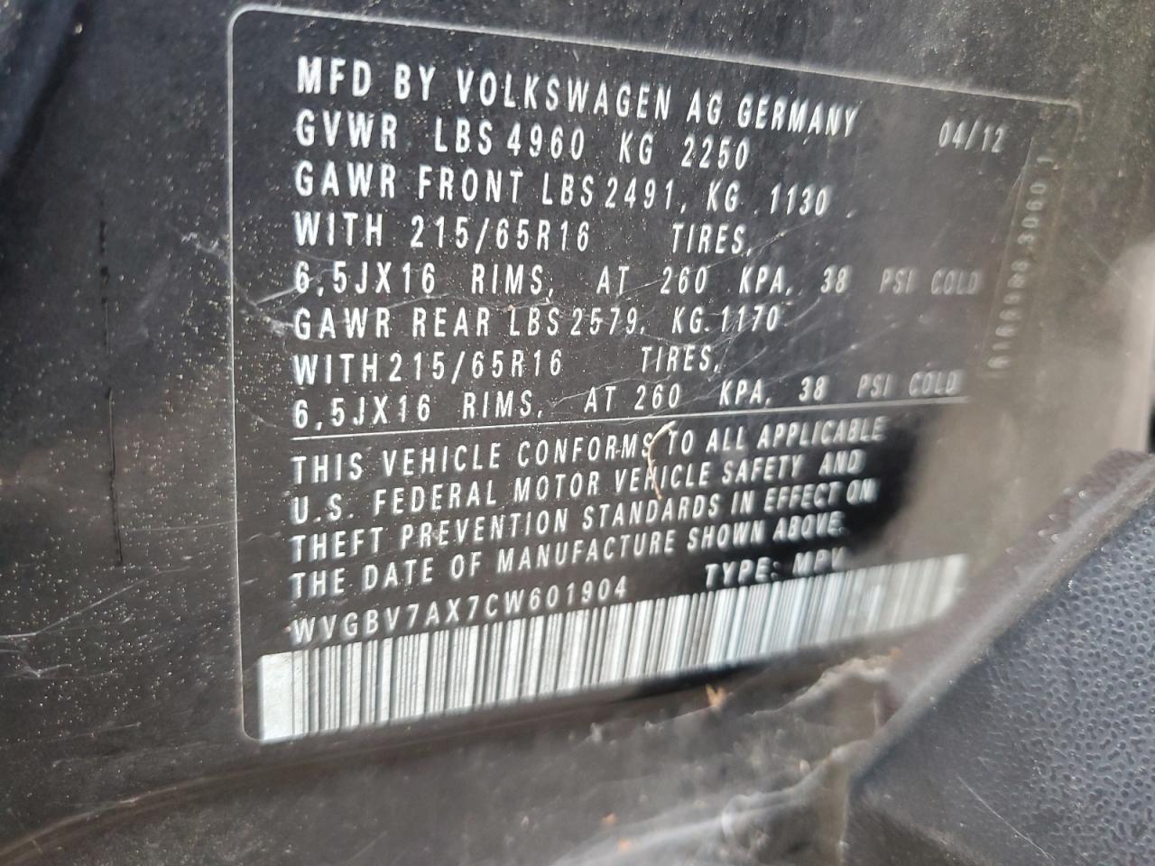 2012 Volkswagen Tiguan S VIN: WVGBV7AX7CW601904 Lot: 85930635