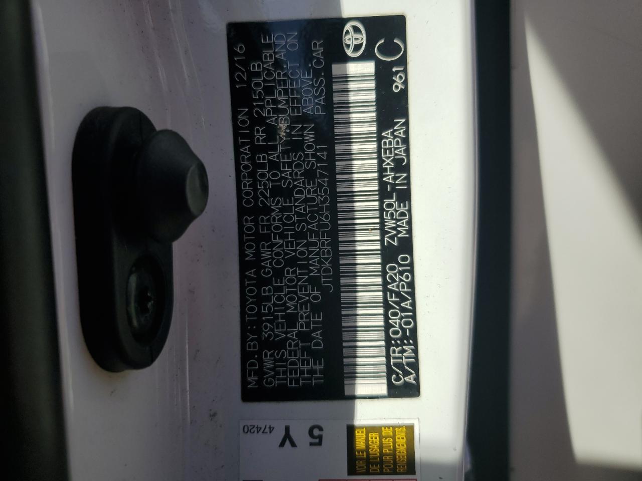 2017 Toyota Prius VIN: JTDKBRFU6H3547141 Lot: 85674205