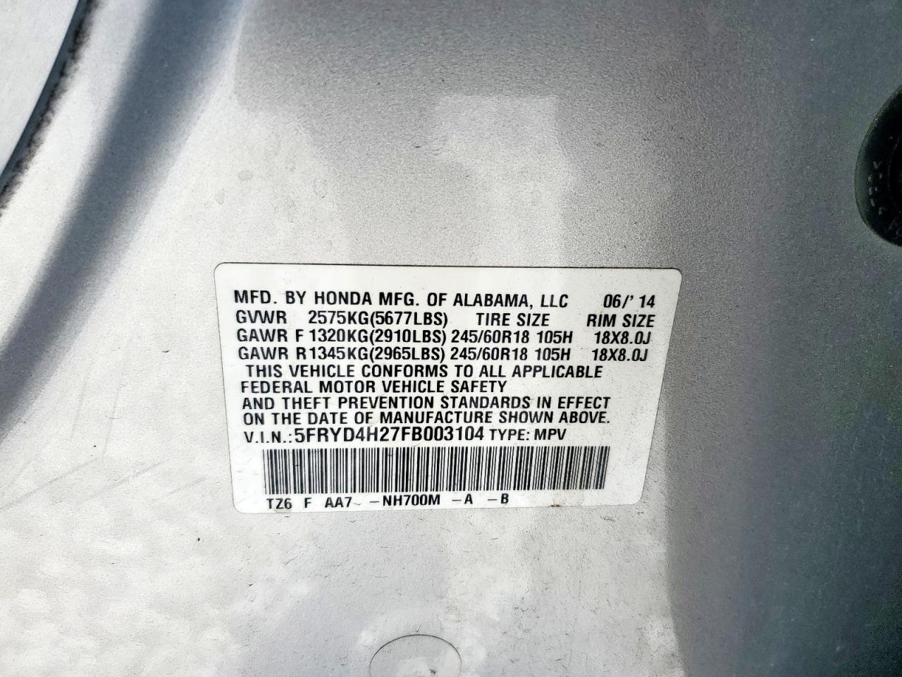 2015 Acura Mdx VIN: 5FRYD4H27FB003104 Lot: 82317215