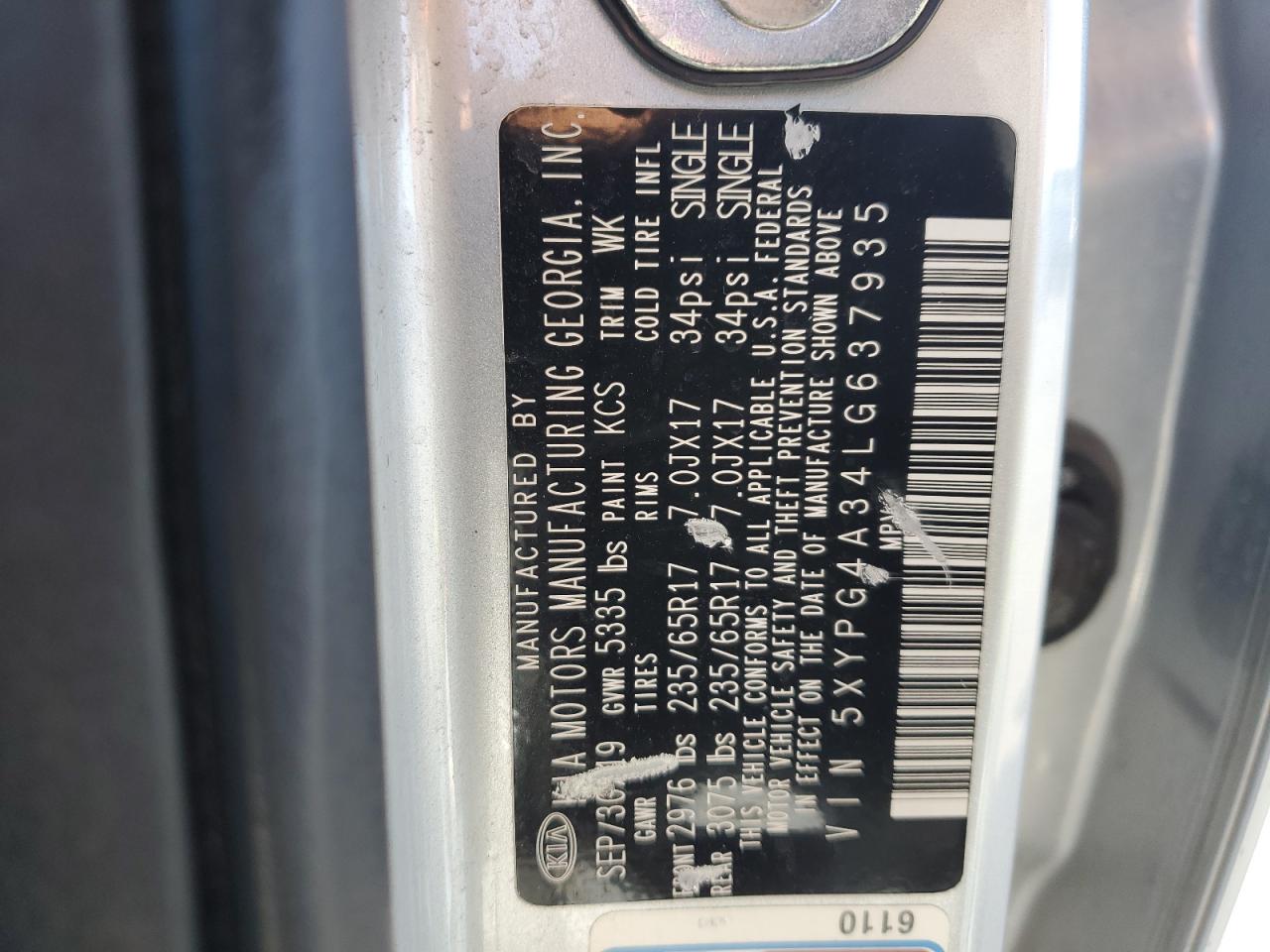 2020 Kia Sorento L VIN: 5XYPG4A34LG637935 Lot: 85901715