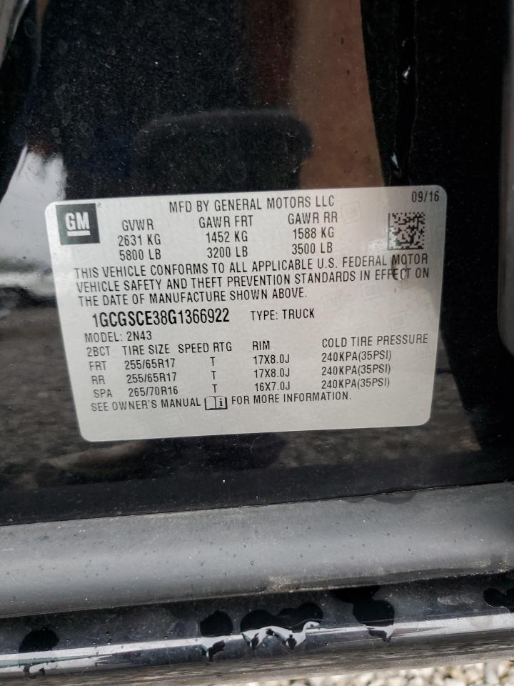 2016 Chevrolet Colorado Lt VIN: 1GCGSCE38G1366922 Lot: 85277085