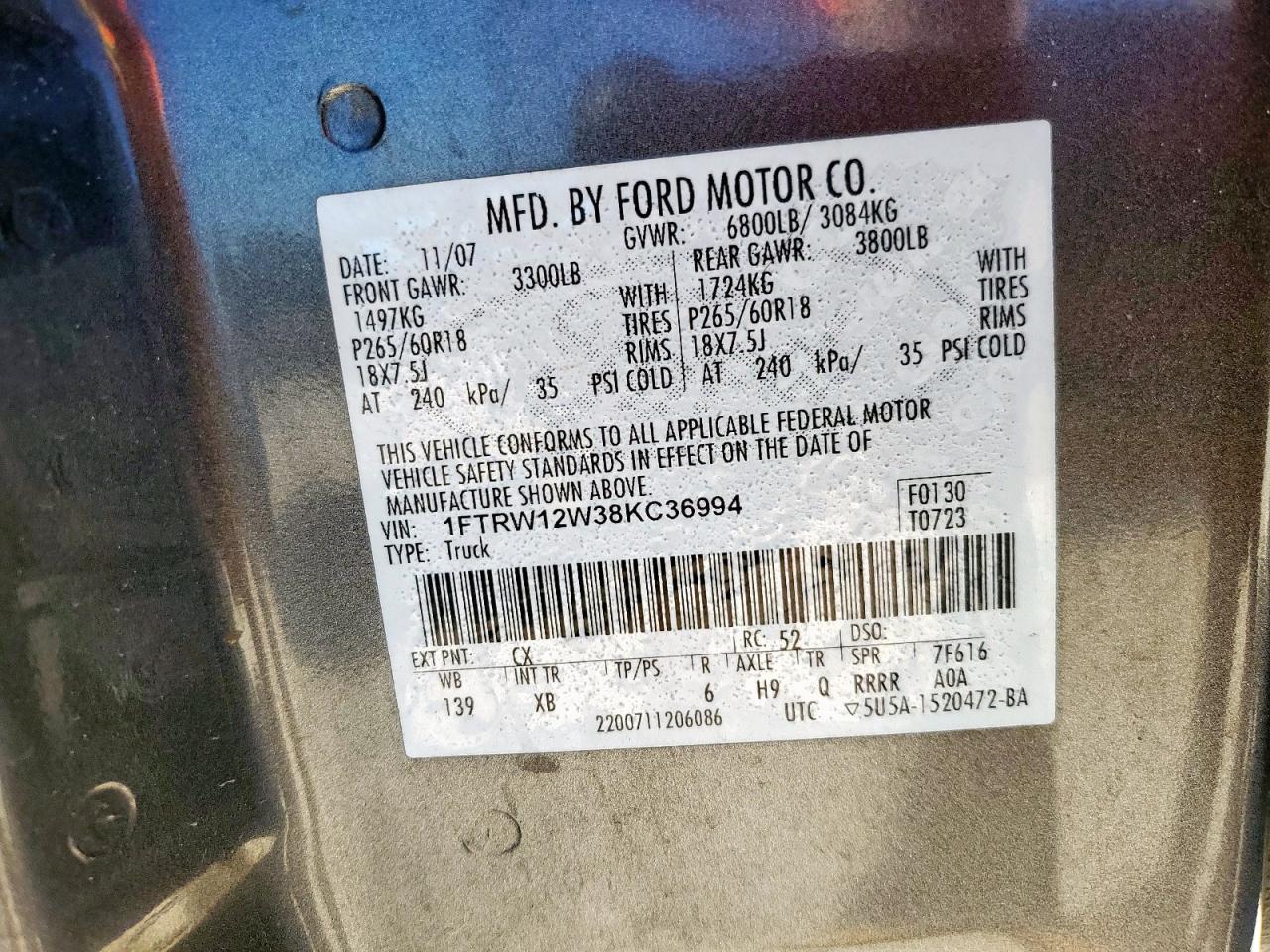 2008 Ford F150 Supercrew VIN: 1FTRW12W38KC36994 Lot: 82443865