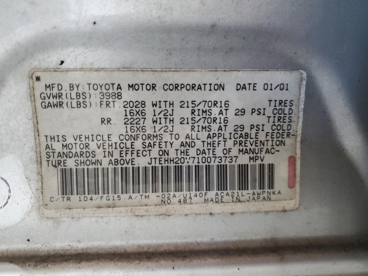 2001 Toyota Rav4 VIN: JTEHH20V710073737 Lot: 85316545