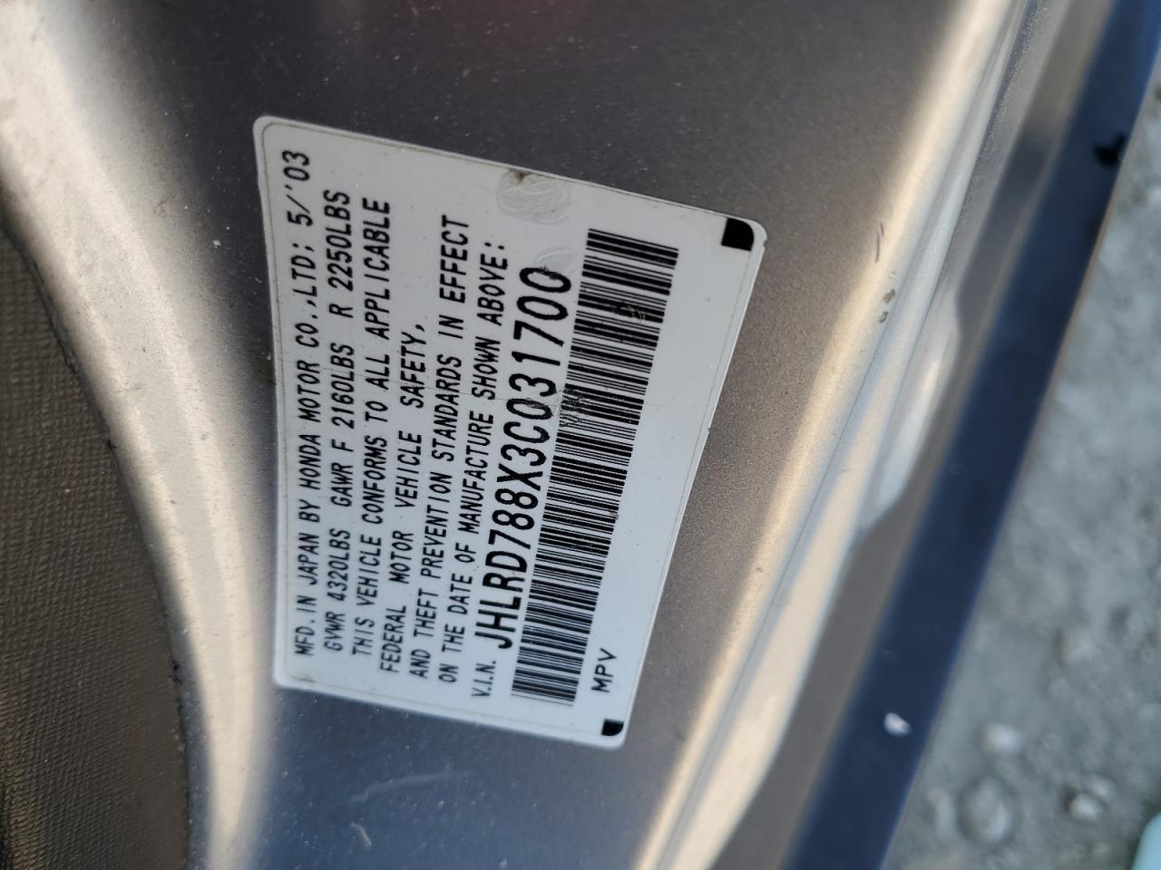 2003 Honda Cr-V Ex VIN: JHLRD788X3C031700 Lot: 82201785