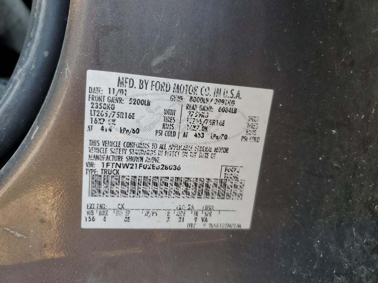 2002 Ford F250 Super Duty VIN: 1FTNW21F02EB28036 Lot: 90324255