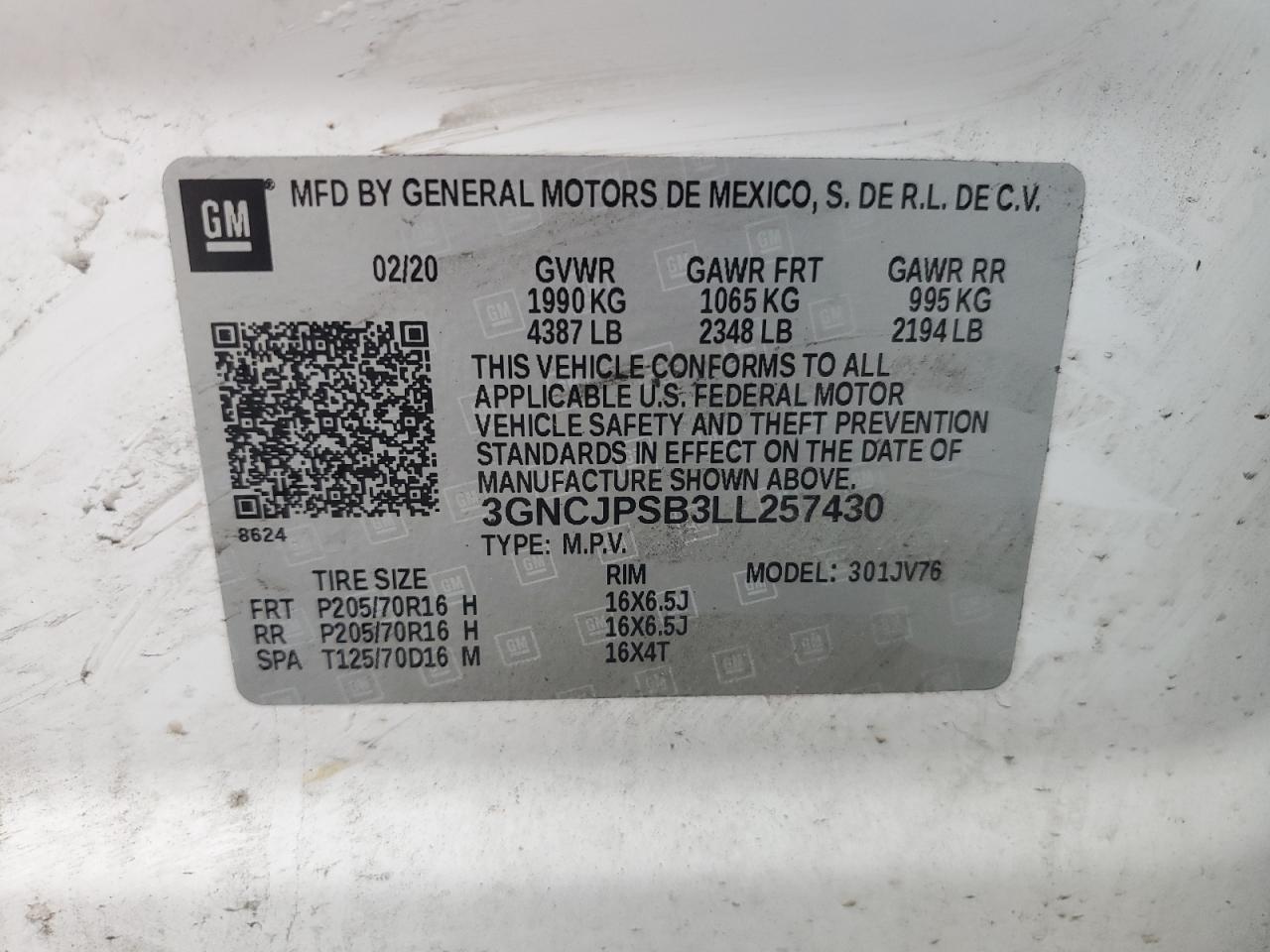 2020 Chevrolet Trax 1Lt VIN: 3GNCJPSB3LL257430 Lot: 85368005