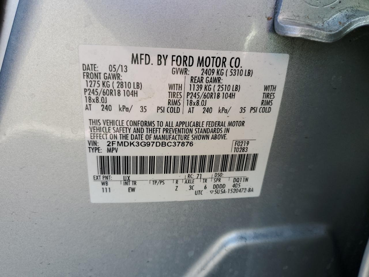 2013 Ford Edge Se VIN: 2FMDK3G97DBC37876 Lot: 90878935