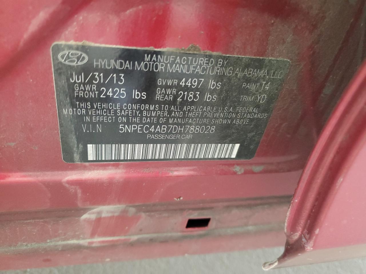 2013 Hyundai Sonata Se VIN: 5NPEC4AB7DH788028 Lot: 85801415