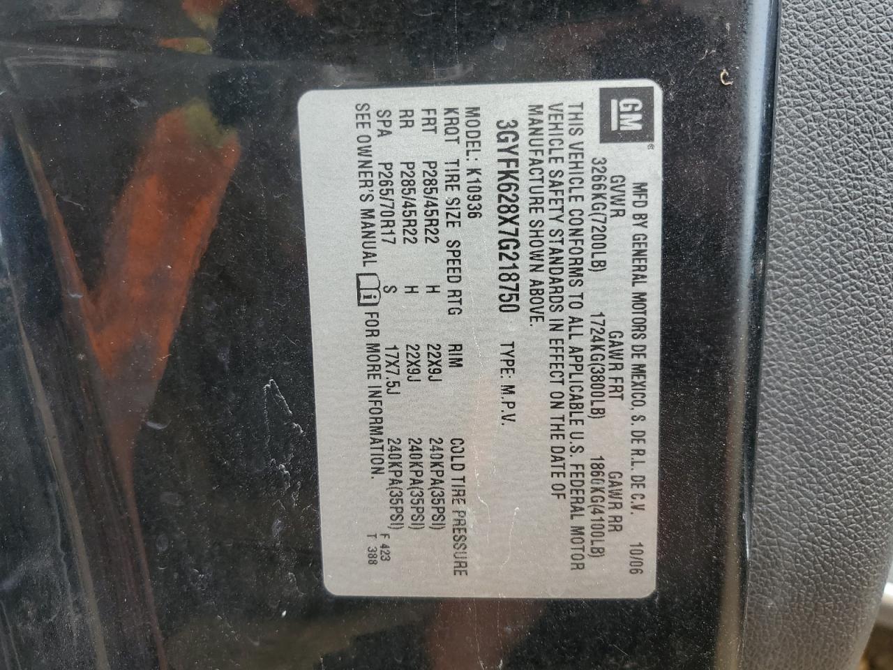 2007 Cadillac Escalade Ext VIN: 3GYFK628X7G218750 Lot: 85703225