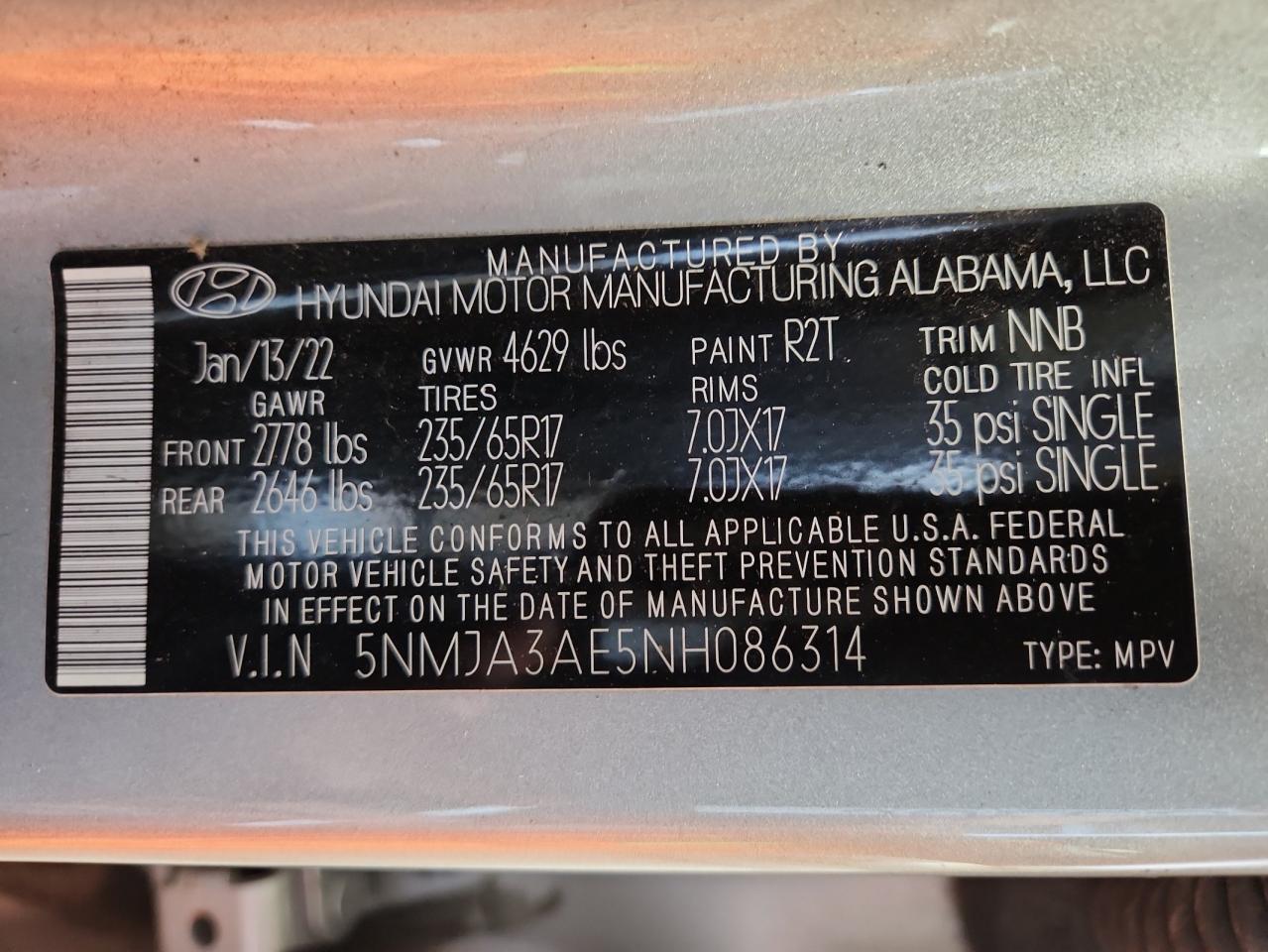 2022 Hyundai Tucson Se VIN: 5NMJA3AE5NH086314 Lot: 86524445