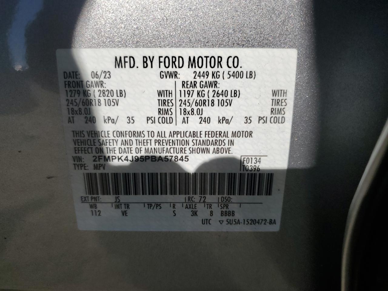 2023 Ford Edge Sel VIN: 2FMPK4J95PBA57845 Lot: 86217125