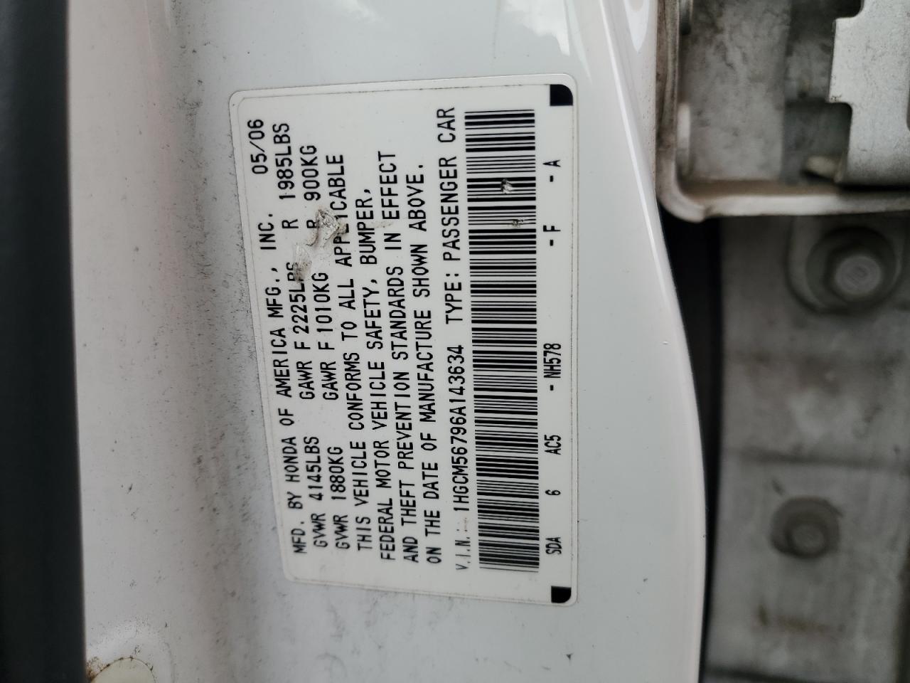 2006 Honda Accord Ex VIN: 1HGCM56796A143634 Lot: 85948985