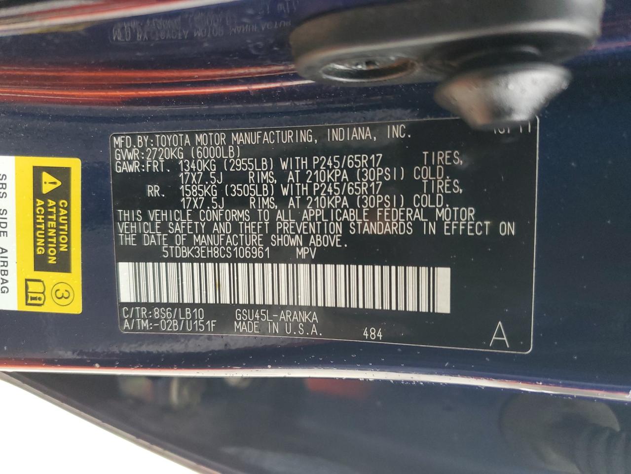 2012 Toyota Highlander Base VIN: 5TDBK3EH8CS106961 Lot: 85508275