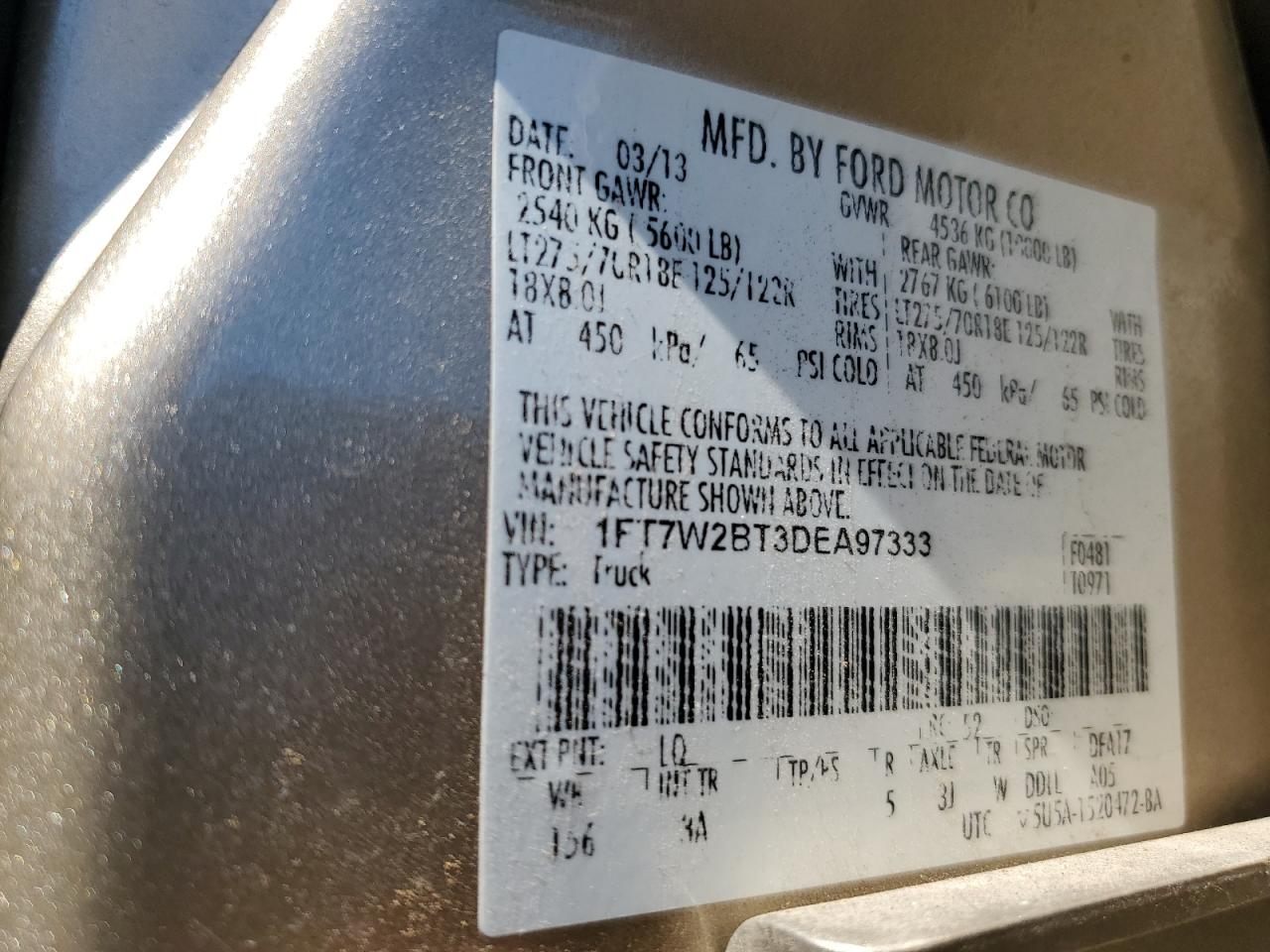 2013 Ford F250 Super Duty VIN: 1FT7W2BT3DEA97333 Lot: 84389765