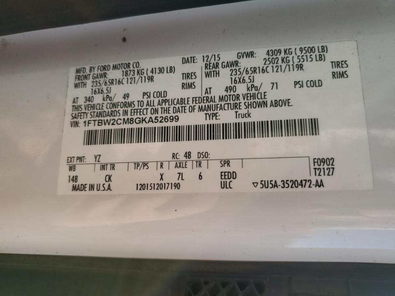 2016 Ford Transit T-350 Utility / Service Van VIN: 1FTBW2CM8GKA52699 Lot: 89704625