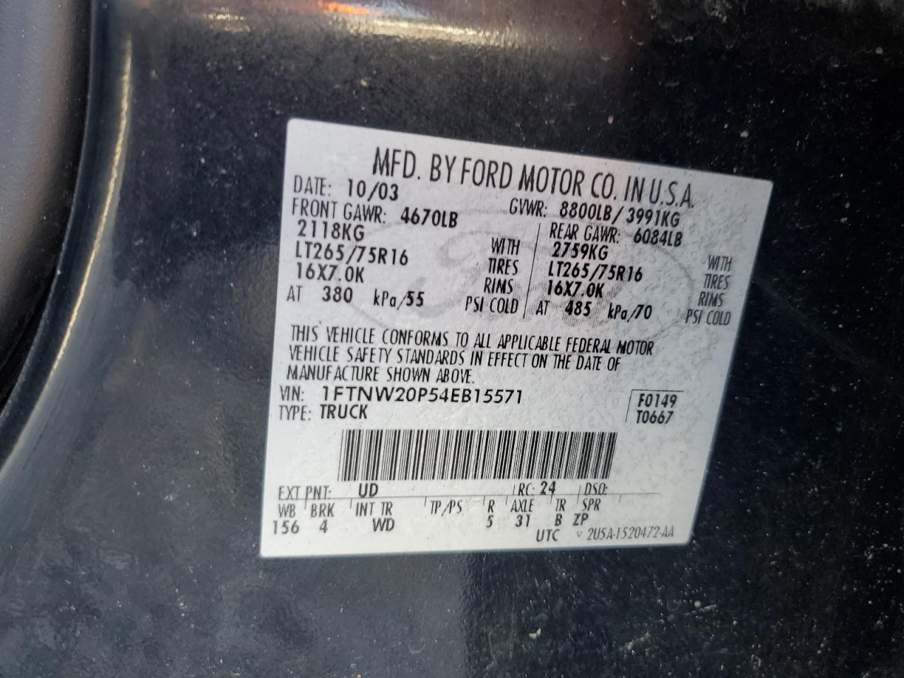 2004 Ford F250 Super Duty VIN: 1FTNW20P54EB15571 Lot: 84834625