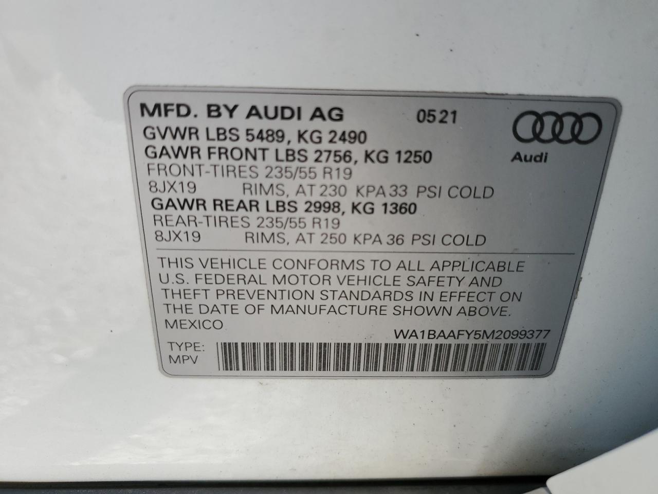 2021 Audi Q5 Premium Plus VIN: WA1BAAFY5M2099377 Lot: 84637115
