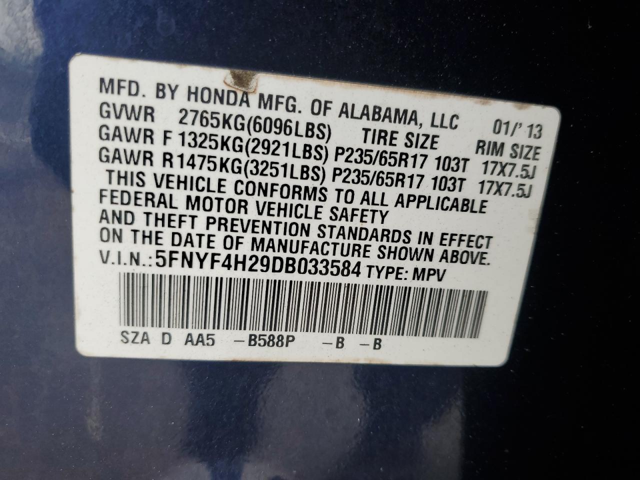 2013 Honda Pilot Lx VIN: 5FNYF4H29DB033584 Lot: 82409235