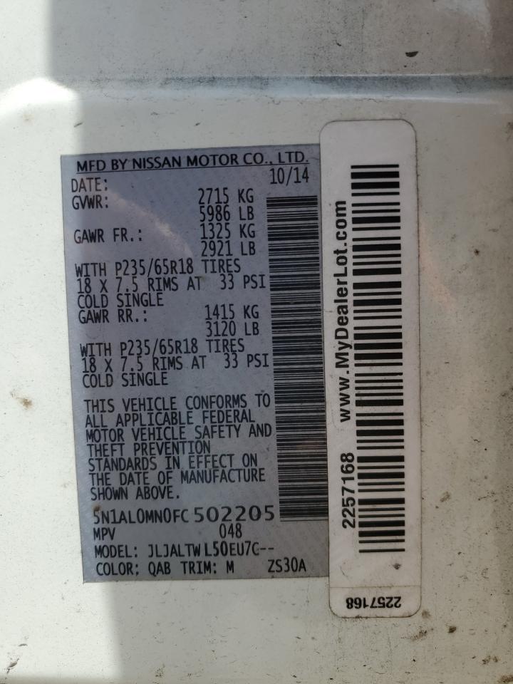 2015 Infiniti Qx60 VIN: 5N1AL0MN0FC502205 Lot: 81935505