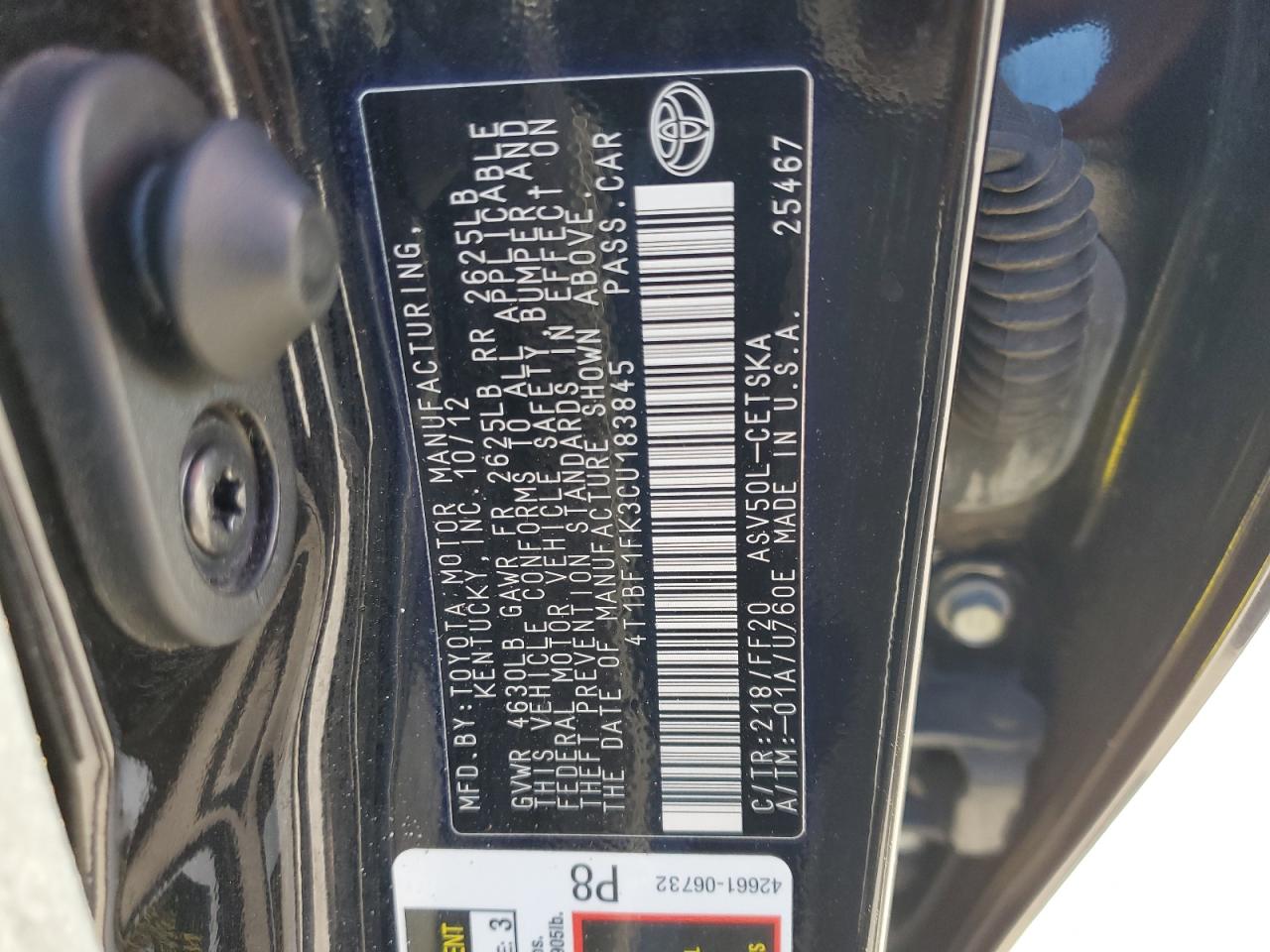 2012 Toyota Camry Base VIN: 4T1BF1FK3CU183845 Lot: 86699045