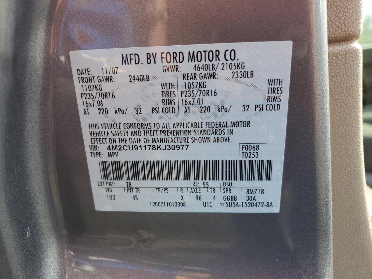 2008 Mercury Mariner VIN: 4M2CU91178KJ30977 Lot: 90121655