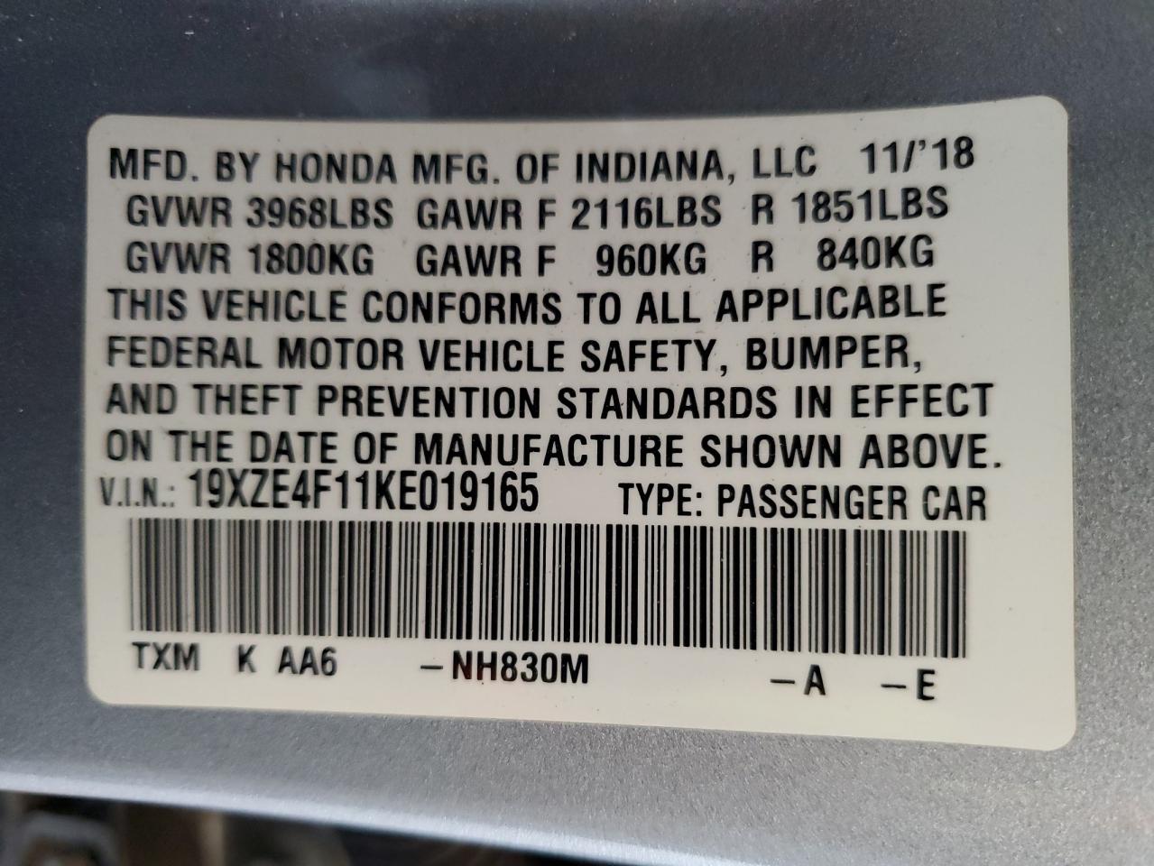 2019 Honda Insight Lx VIN: 19XZE4F11KE019165 Lot: 90730285
