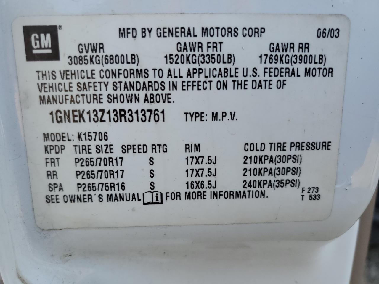 2003 Chevrolet Tahoe K1500 VIN: 1GNEK13Z13R313761 Lot: 84984965