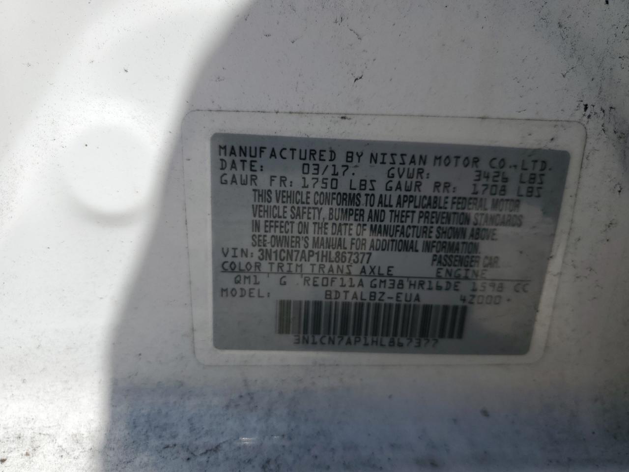 2017 Nissan Versa S VIN: 3N1CN7AP1HL867377 Lot: 84981435