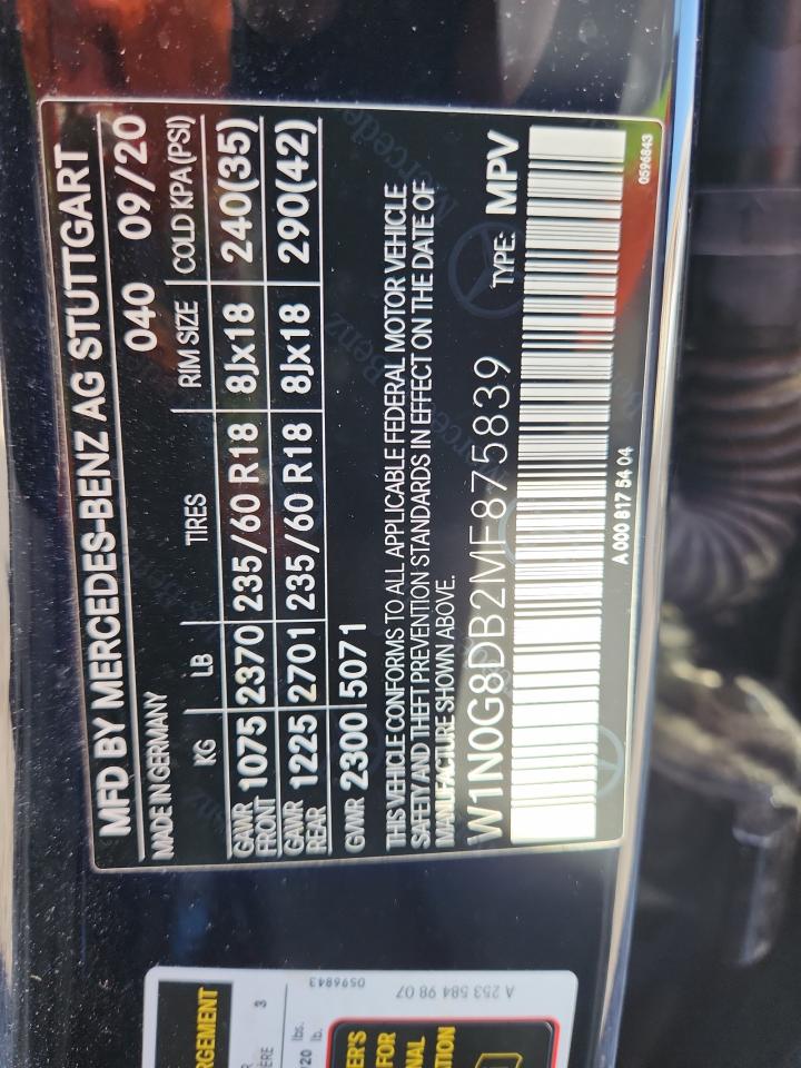 2021 Mercedes-Benz Glc 300 VIN: W1N0G8DB2MF875839 Lot: 93488965