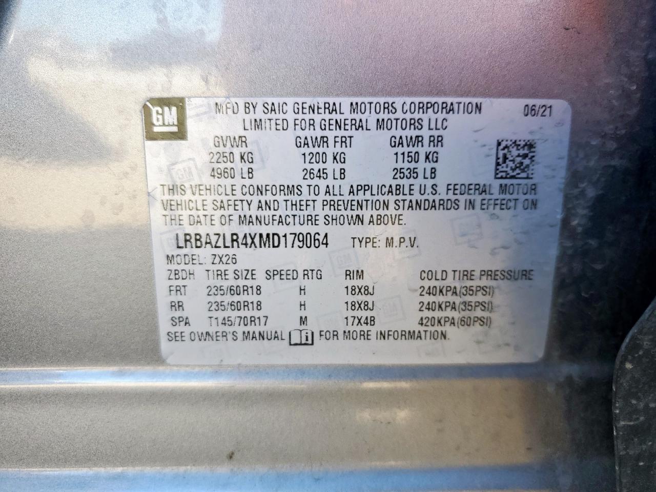 2021 Buick Envision Preferred VIN: LRBAZLR4XMD179064 Lot: 85735575