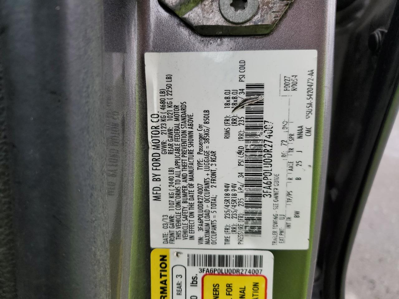 2013 Ford Fusion Se Hybrid VIN: 3FA6P0LU0DR274007 Lot: 82280675