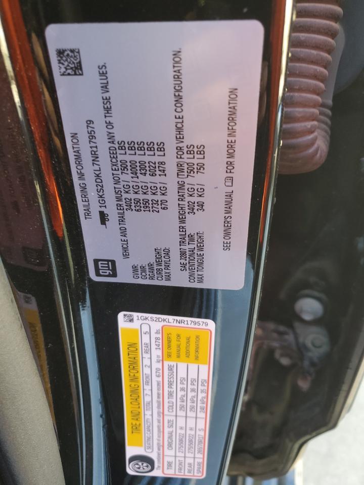 2022 GMC Yukon Denali VIN: 1GKS2DKL7NR179579 Lot: 87187995