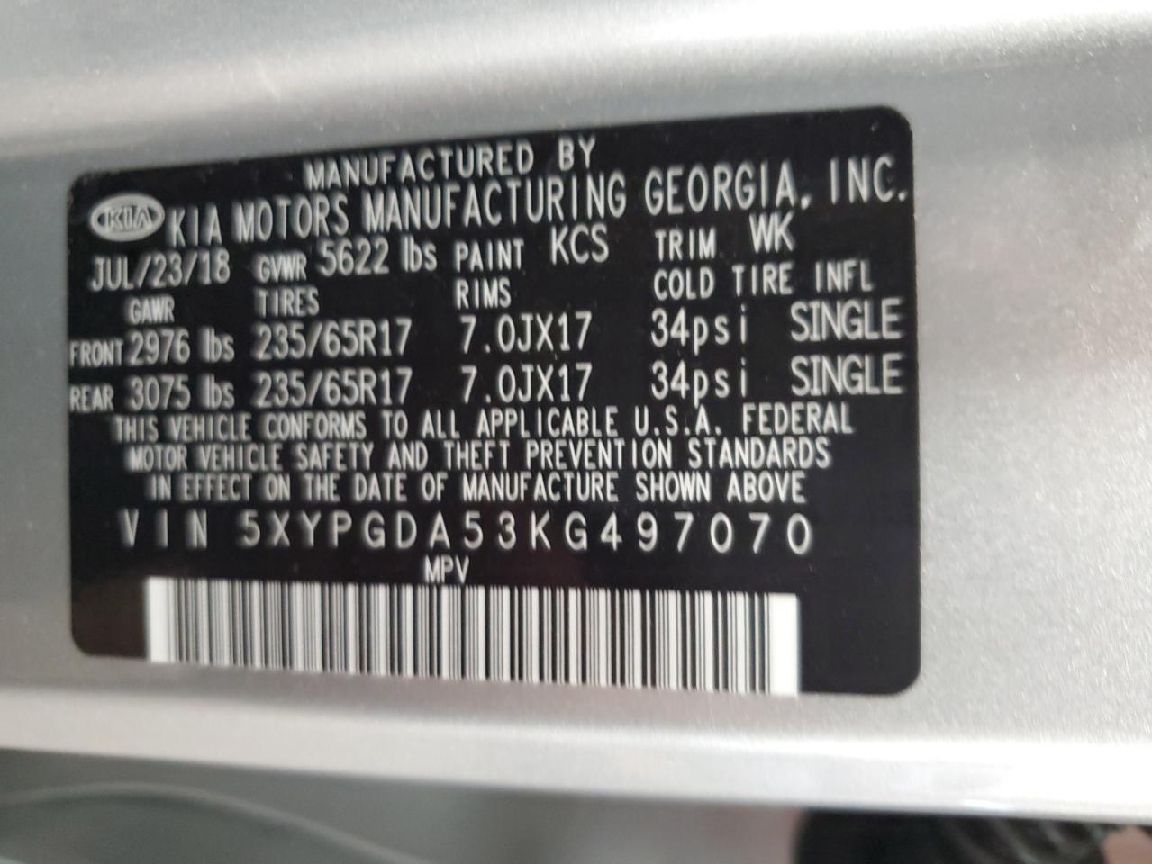 2019 Kia Sorento Lx VIN: 5XYPGDA53KG497070 Lot: 85133455