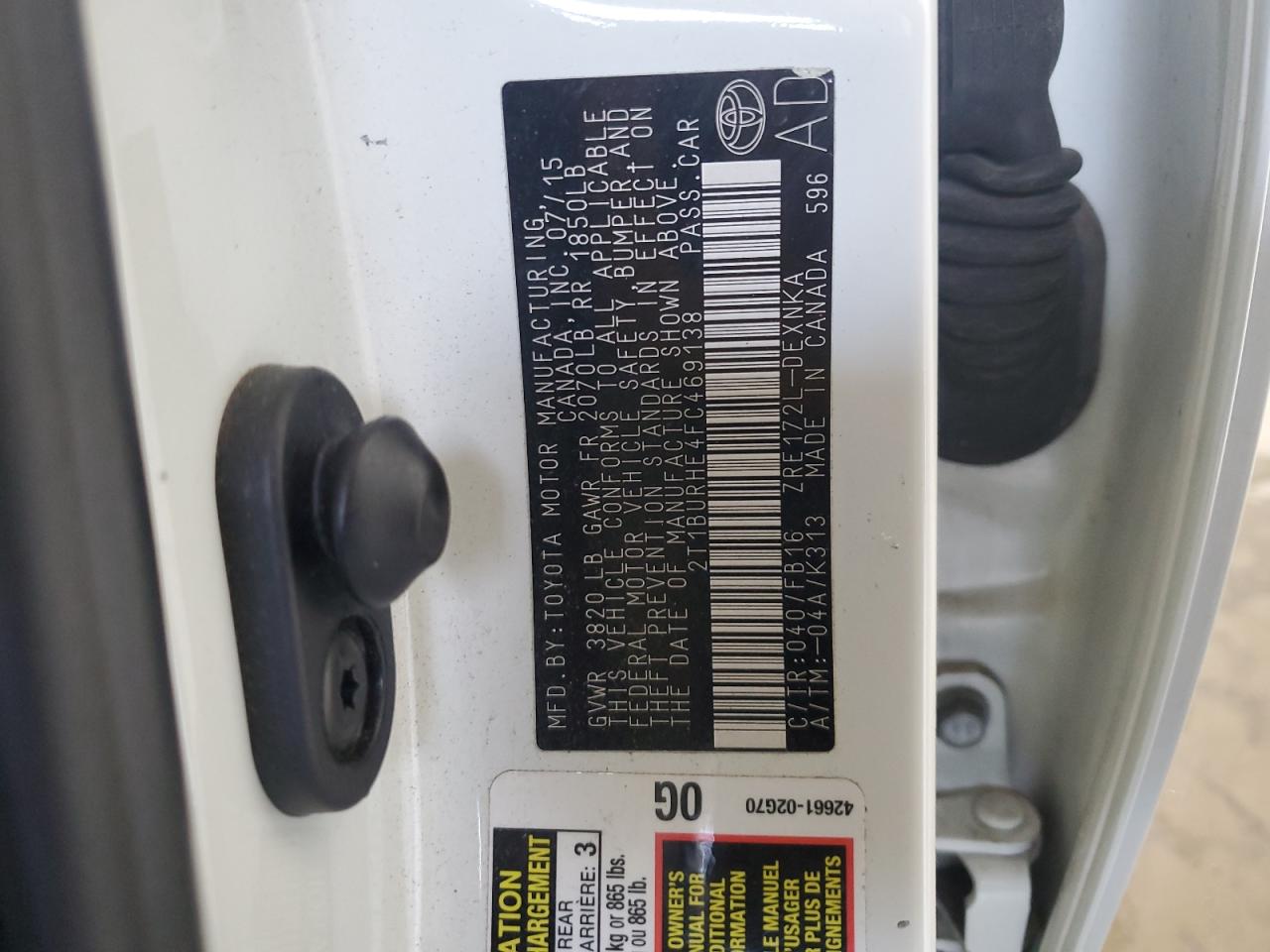 2015 Toyota Corolla L VIN: 2T1BURHE4FC469138 Lot: 85554045