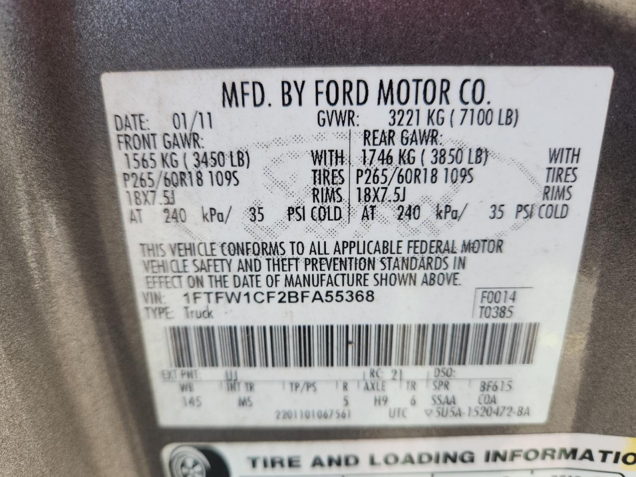 2011 Ford F150 Supercrew VIN: 1FTFW1CF2BFA55368 Lot: 82675305