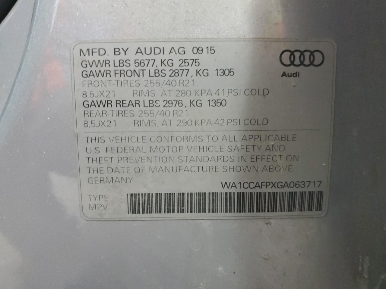 2016 Audi Sq5 Premium Plus VIN: WA1CCAFPXGA063717 Lot: 82612815
