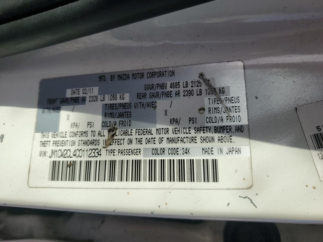 2012 Mazda 5 VIN: JM1CW2CL4C0112334 Lot: 89543695