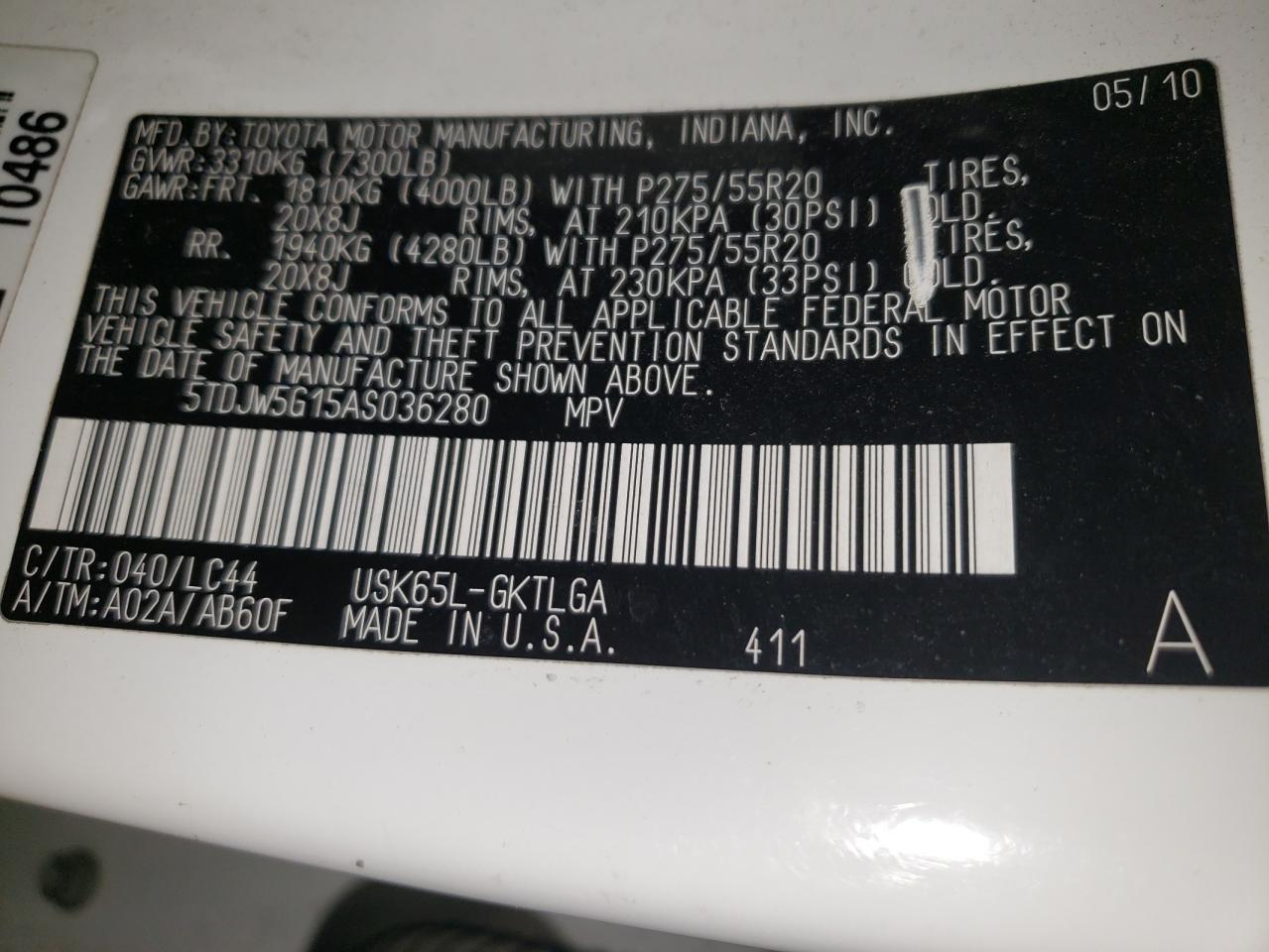 2010 Toyota Sequoia Limited VIN: 5TDJW5G15AS036280 Lot: 90474525